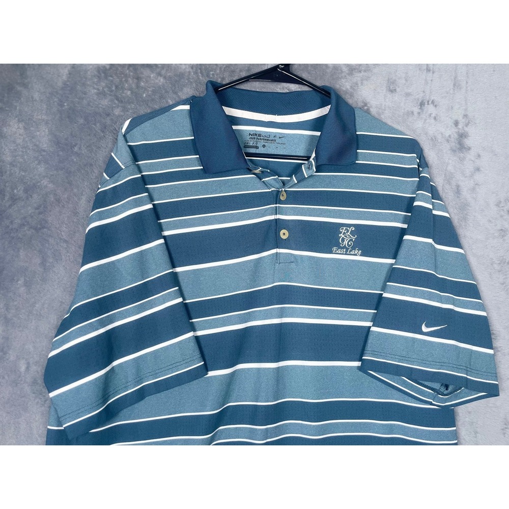 Nike Golf Mens XL Blue White Striped Dri-FIT East Lake Golf Club Polo Shirt